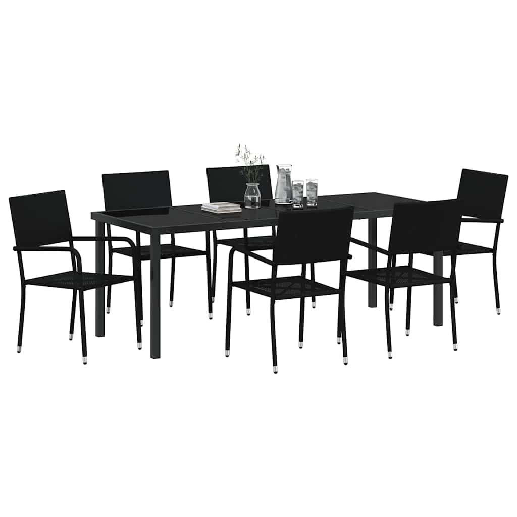 Tuin eettafelset met kussen 7 pcs Zwart poly rattan