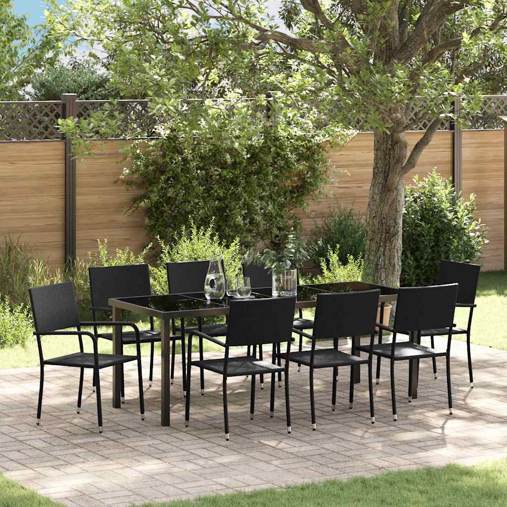 Tuin eettafelset met kussen 9 pcs Zwart poly rattan