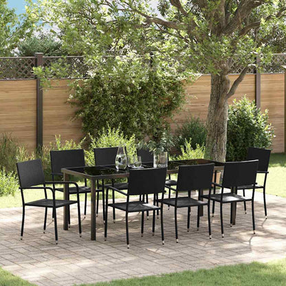 Tuin eettafelset met kussen 9 pcs Zwart poly rattan