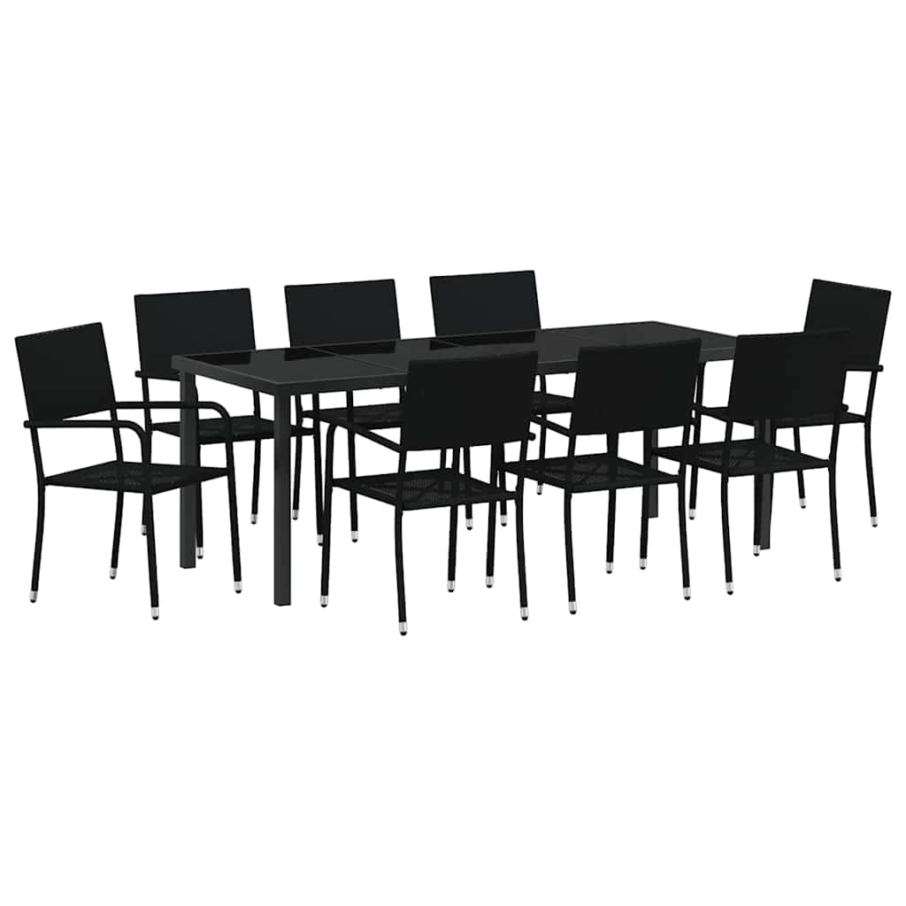 Tuin eettafelset met kussen 9 pcs Zwart poly rattan