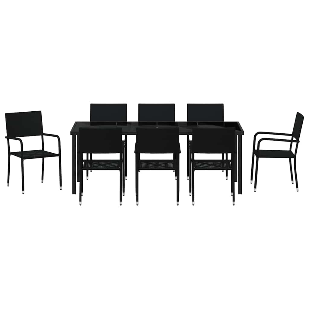 Tuin eettafelset met kussen 9 pcs Zwart poly rattan