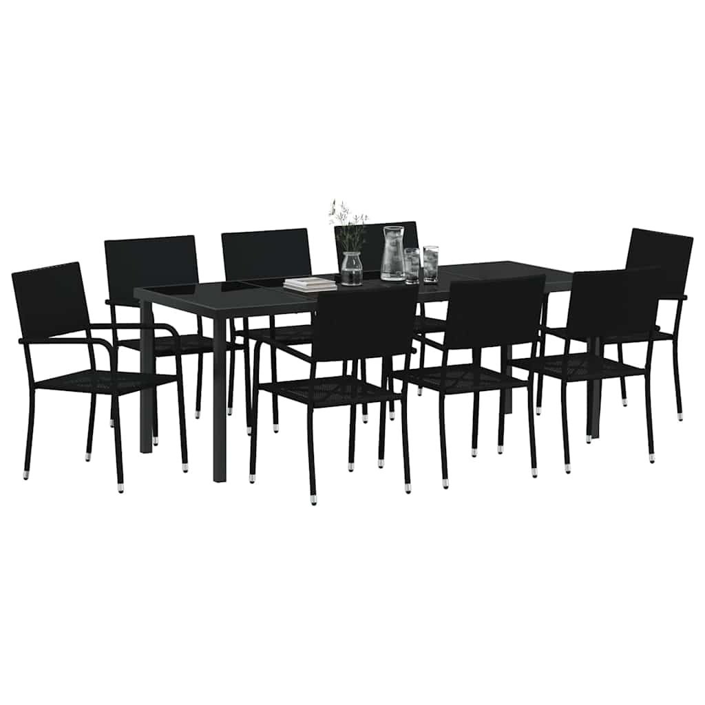 Tuin eettafelset met kussen 9 pcs Zwart poly rattan