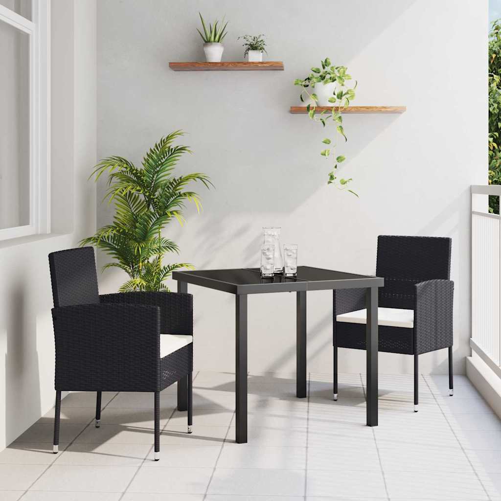 Tuin eettafelset met kussen 3 pcs Zwart poly rattan