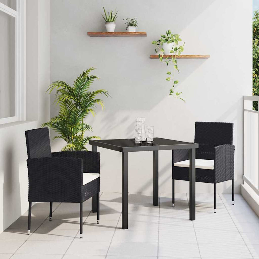 Tuin eettafelset met kussen 3 pcs Zwart poly rattan