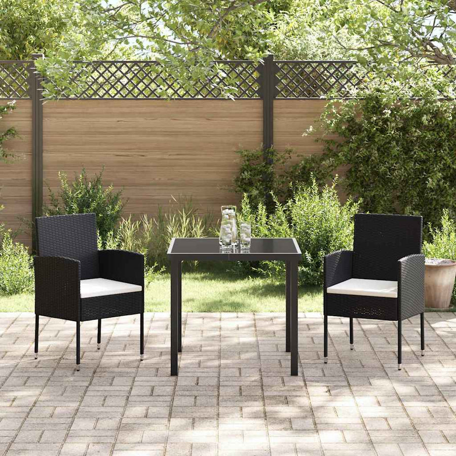 Tuin eettafelset met kussen 3 pcs Zwart poly rattan