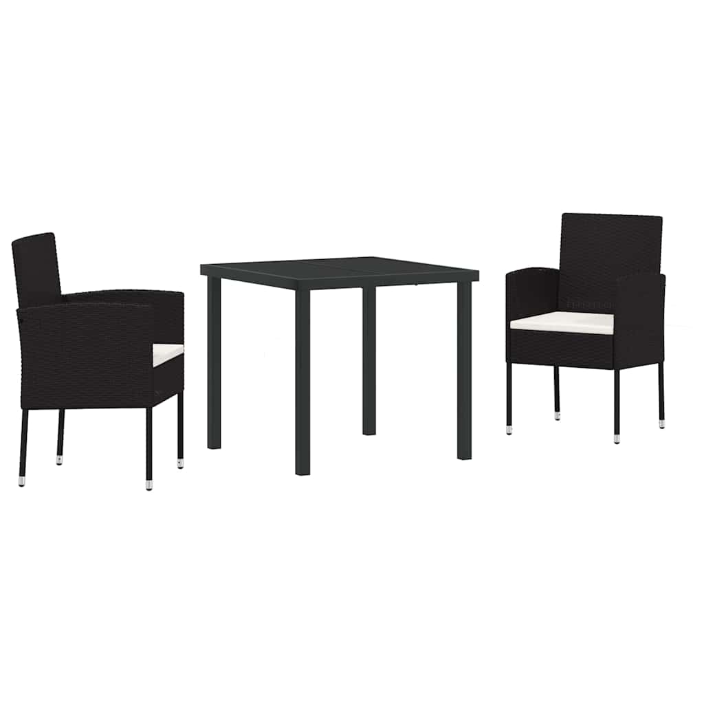 Tuin eettafelset met kussen 3 pcs Zwart poly rattan