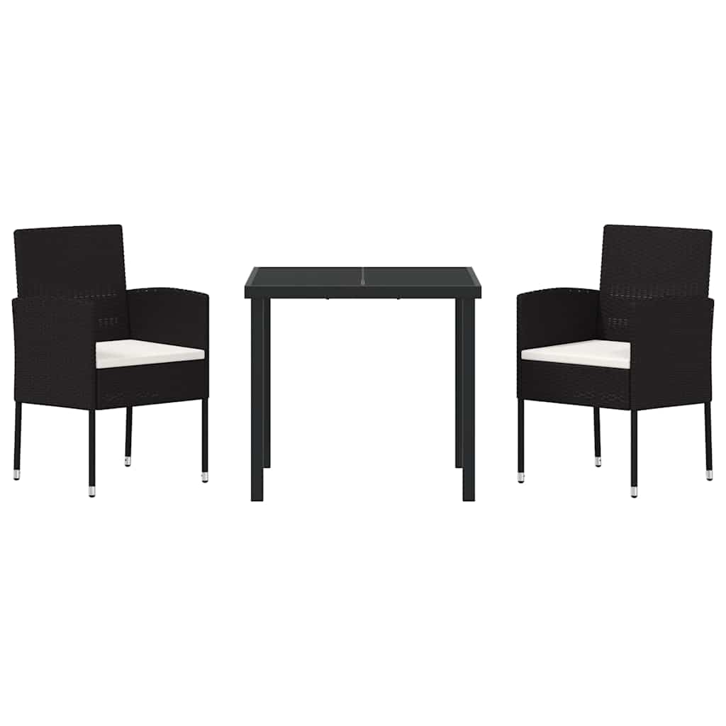 Tuin eettafelset met kussen 3 pcs Zwart poly rattan