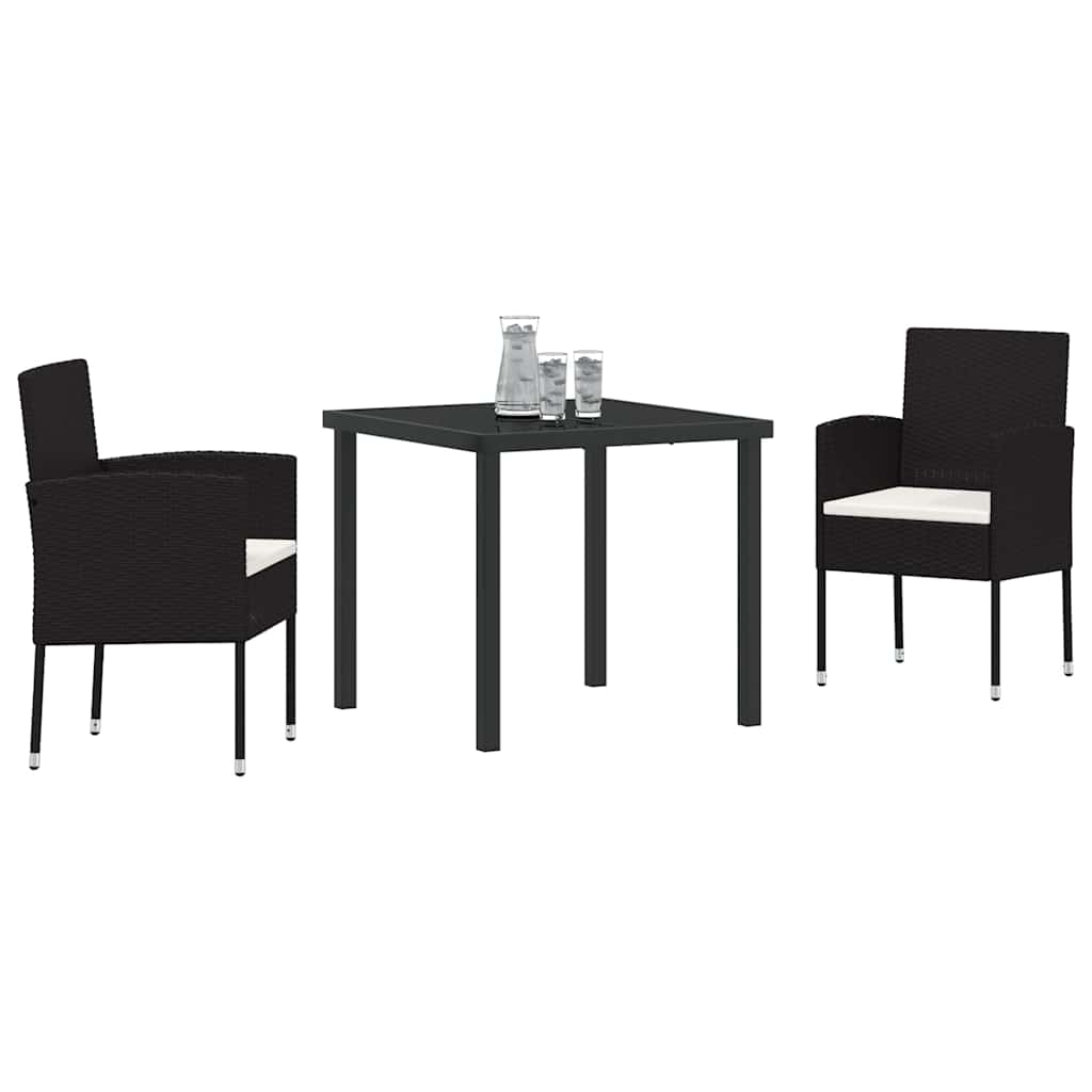 Tuin eettafelset met kussen 3 pcs Zwart poly rattan