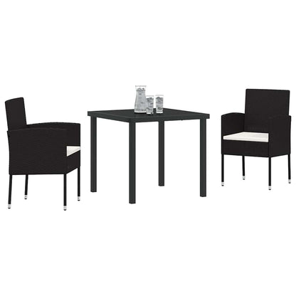 Tuin eettafelset met kussen 3 pcs Zwart poly rattan