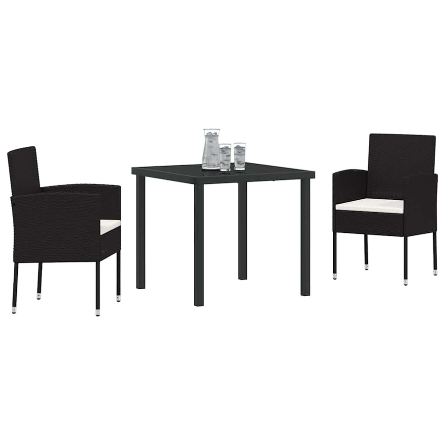 Tuin eettafelset met kussen 3 pcs Zwart poly rattan