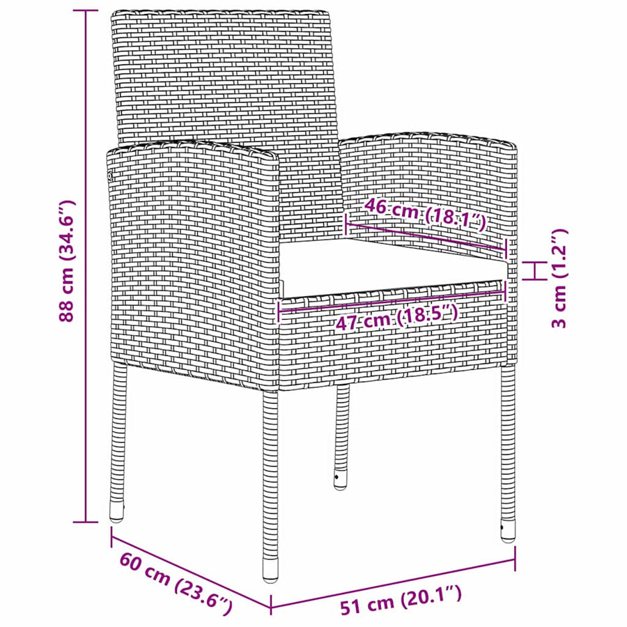Tuin eettafelset met kussen 3 pcs Zwart poly rattan