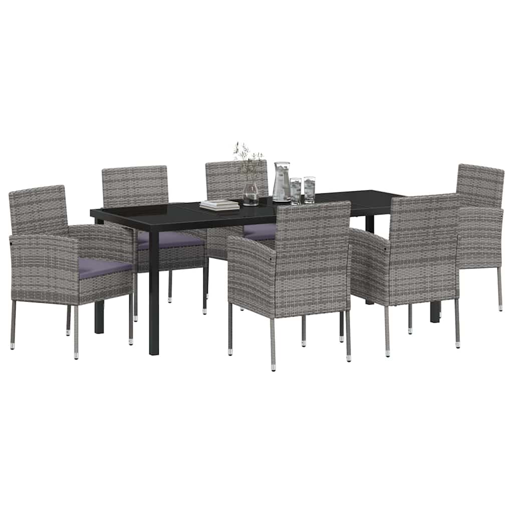 Tuin eettafelset met kussen 7 pcs Grijs poly rattan