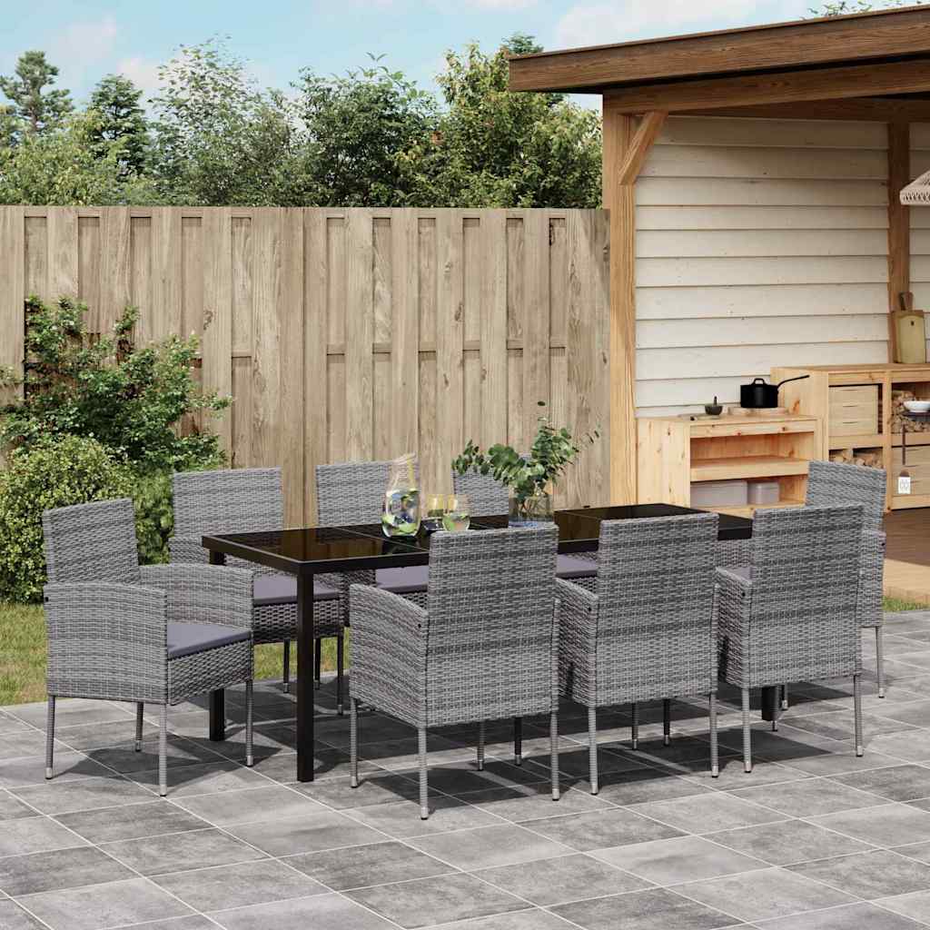 Tuin eettafelset met kussen 9 pcs Grijs poly rattan