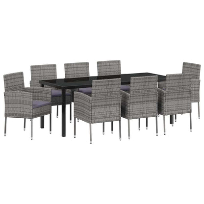 Tuin eettafelset met kussen 9 pcs Grijs poly rattan