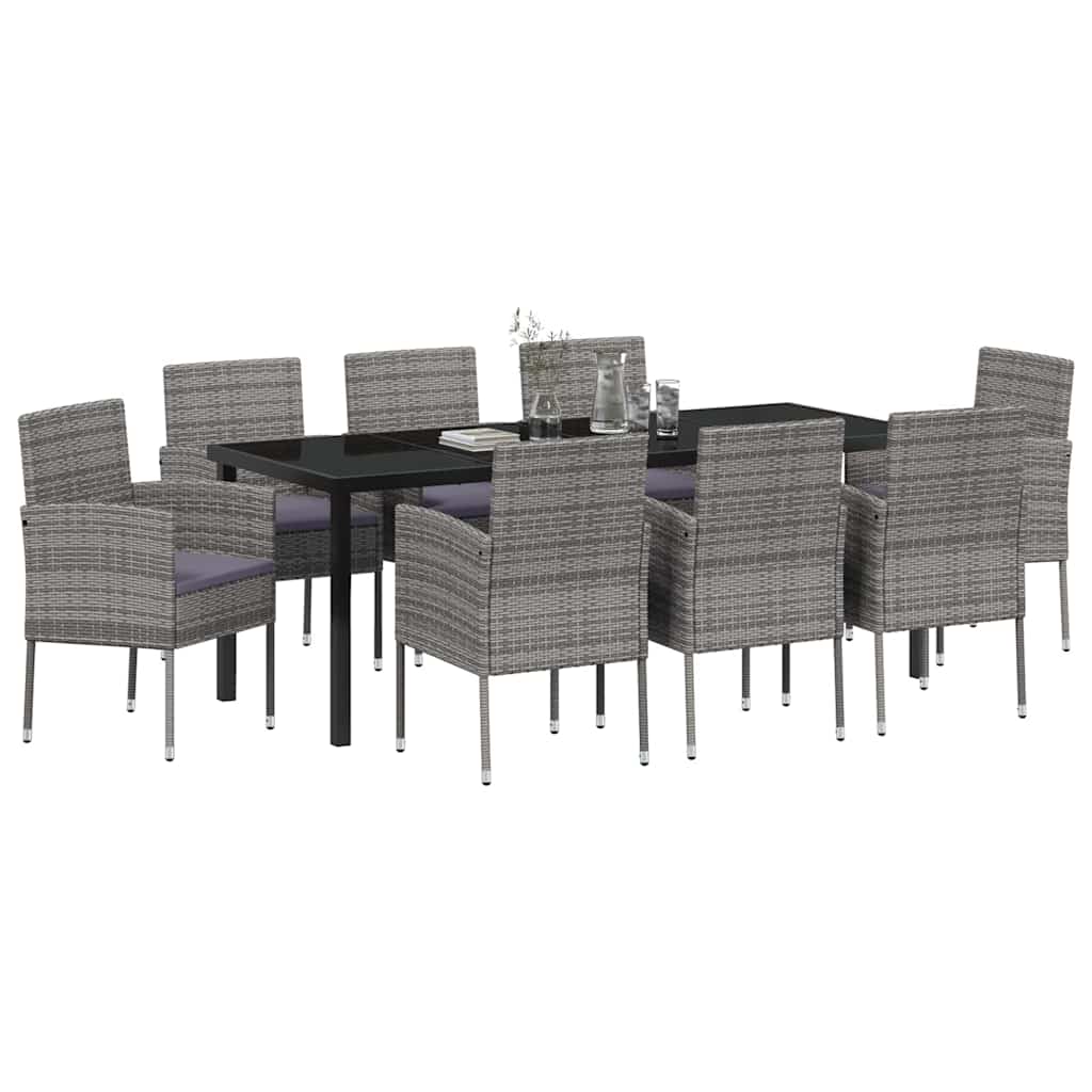 Tuin eettafelset met kussen 9 pcs Grijs poly rattan