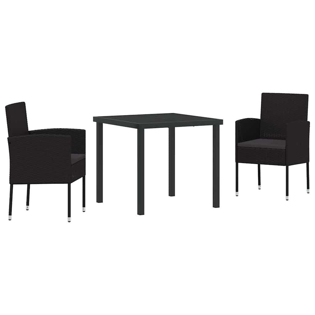 Tuin eettafelset met kussen 3 pcs Zwart poly rattan