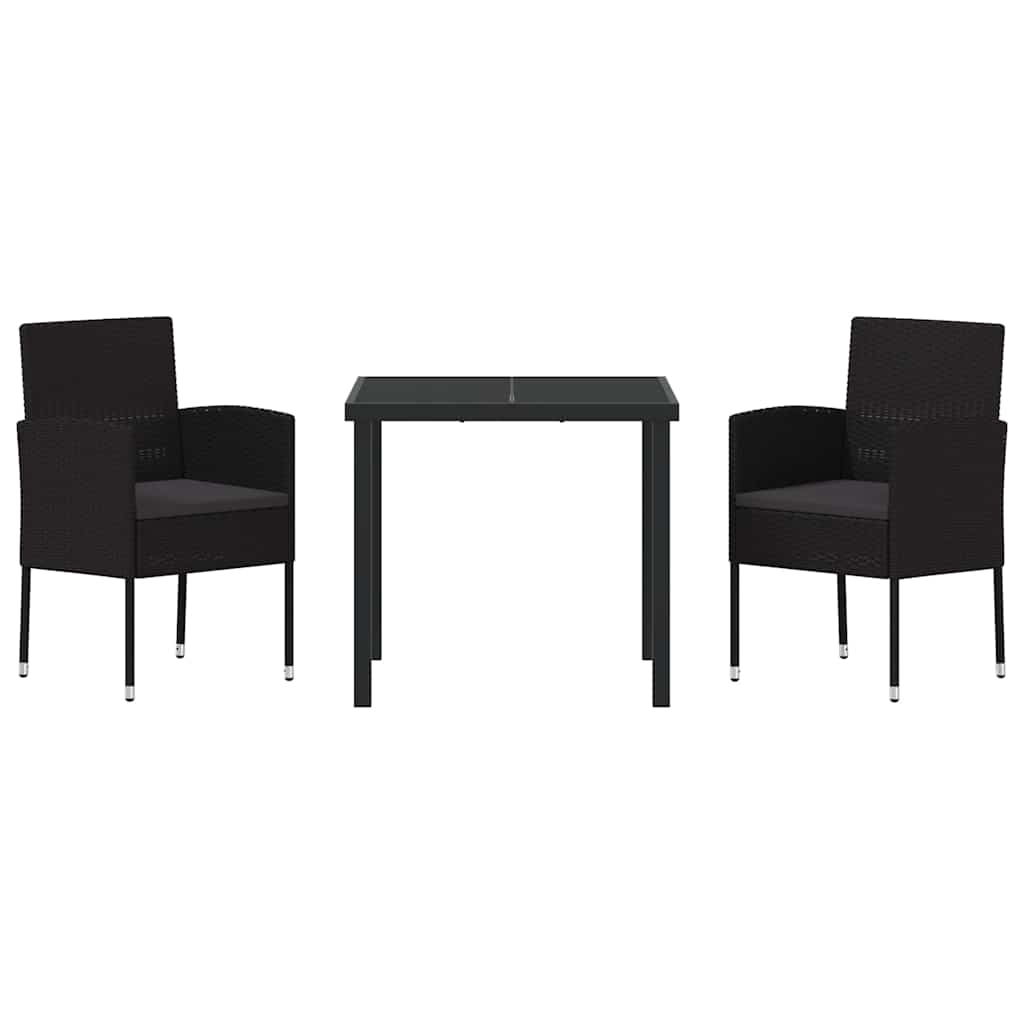 Tuin eettafelset met kussen 3 pcs Zwart poly rattan