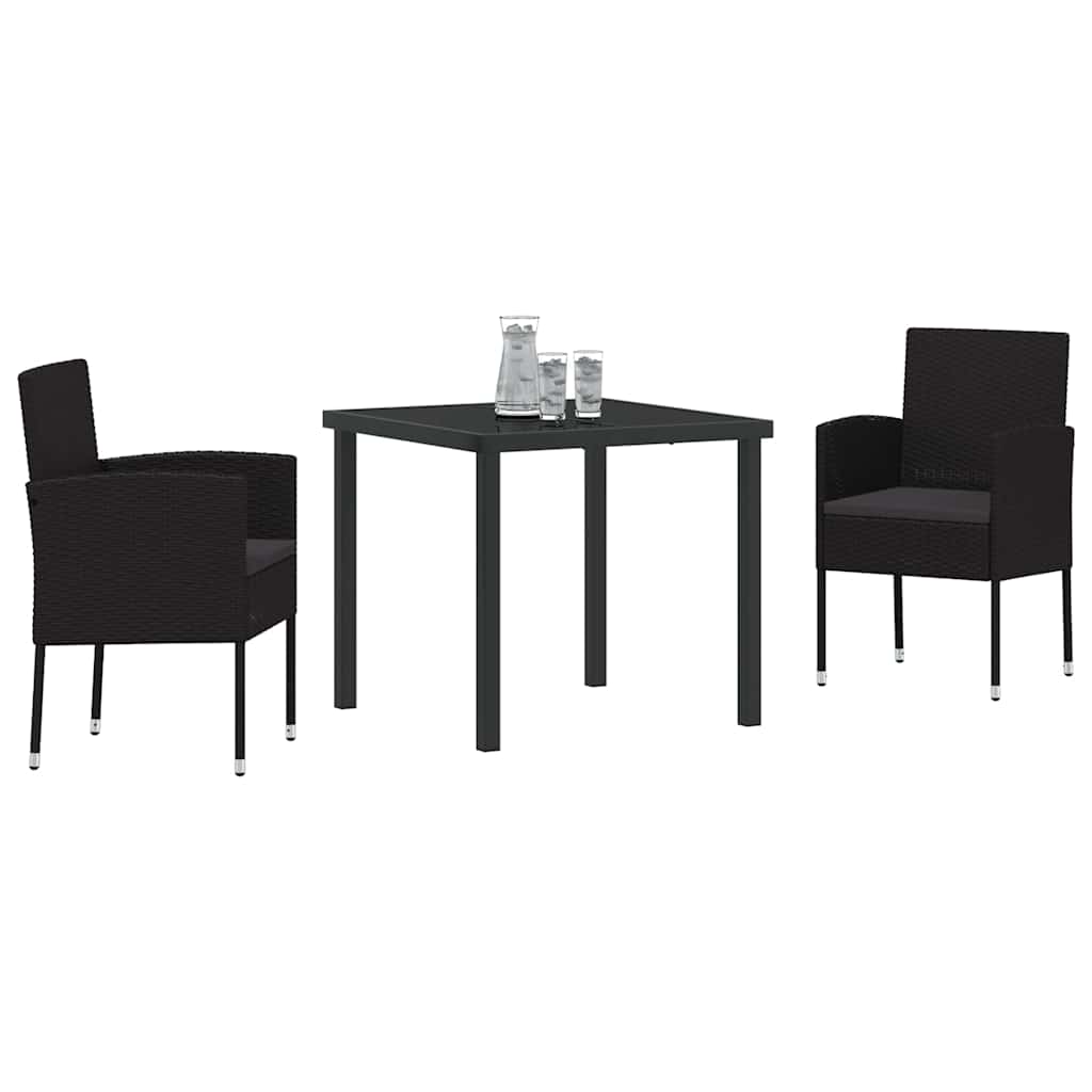 Tuin eettafelset met kussen 3 pcs Zwart poly rattan