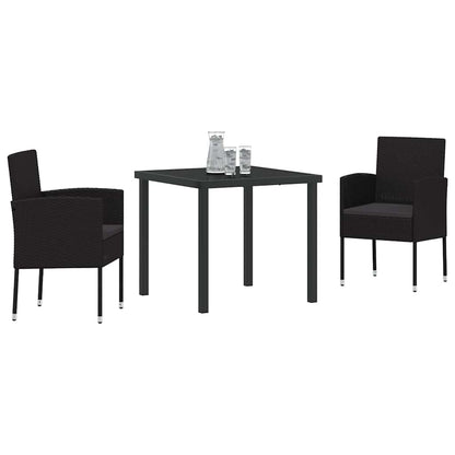 Tuin eettafelset met kussen 3 pcs Zwart poly rattan