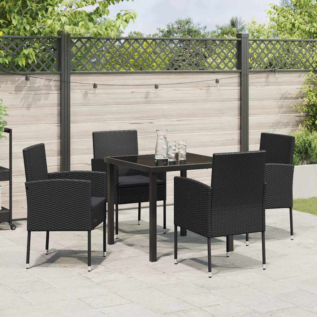 Tuin eettafelset met kussen 5 pcs Zwart poly rattan