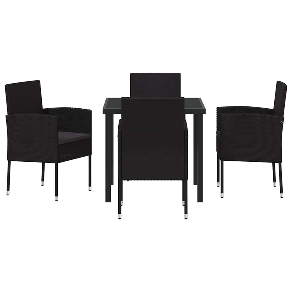 Tuin eettafelset met kussen 5 pcs Zwart poly rattan
