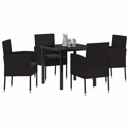 Tuin eettafelset met kussen 5 pcs Zwart poly rattan