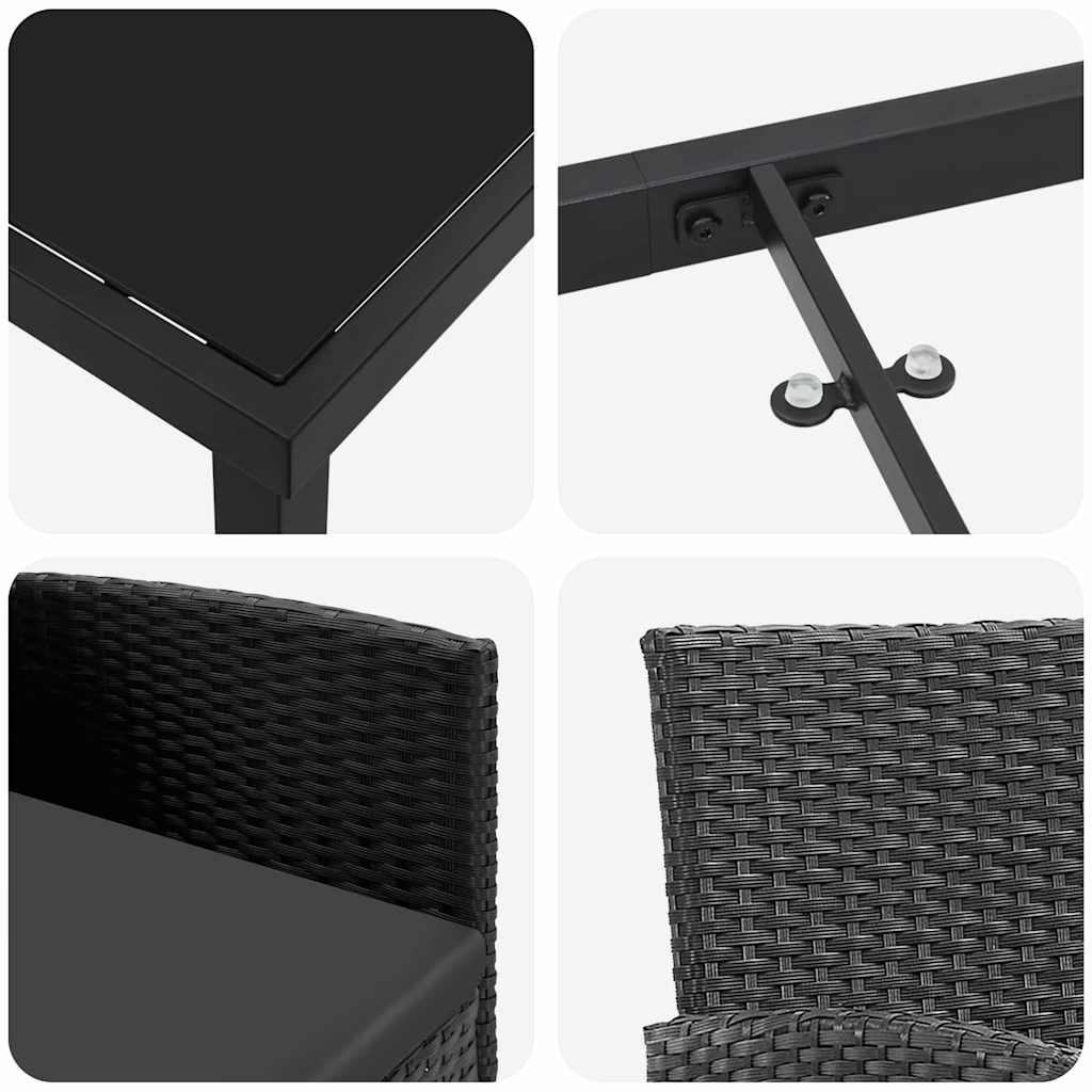 Tuin eettafelset met kussen 7 pcs Zwart poly rattan