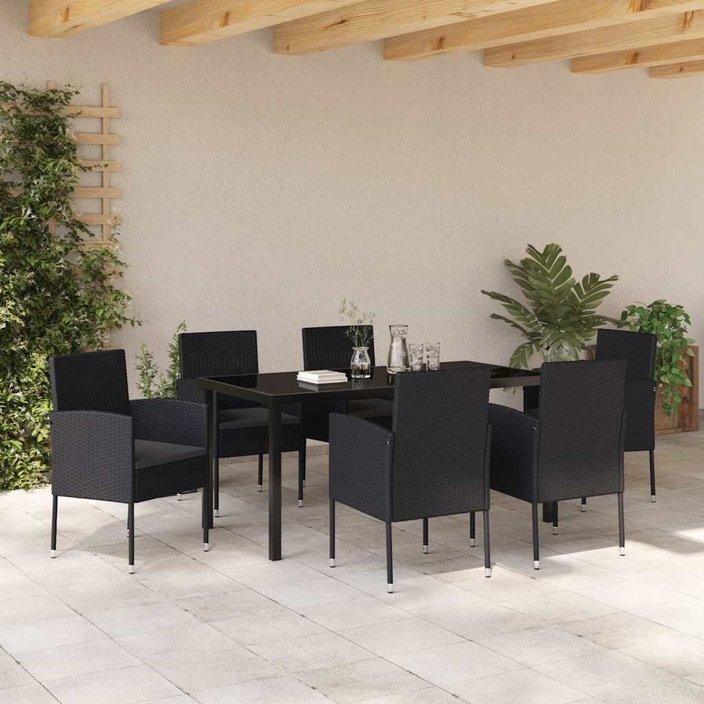 Tuin eettafelset met kussen 7 pcs Zwart poly rattan