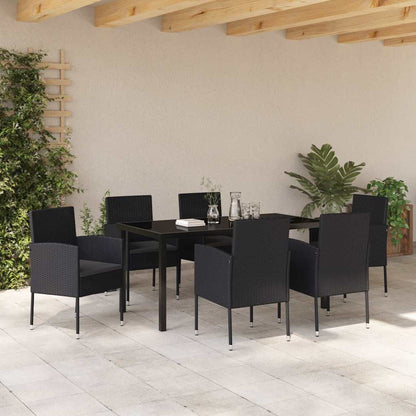 Tuin eettafelset met kussen 7 pcs Zwart poly rattan
