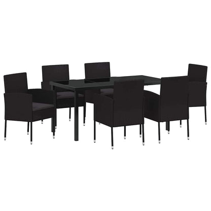 Tuin eettafelset met kussen 7 pcs Zwart poly rattan