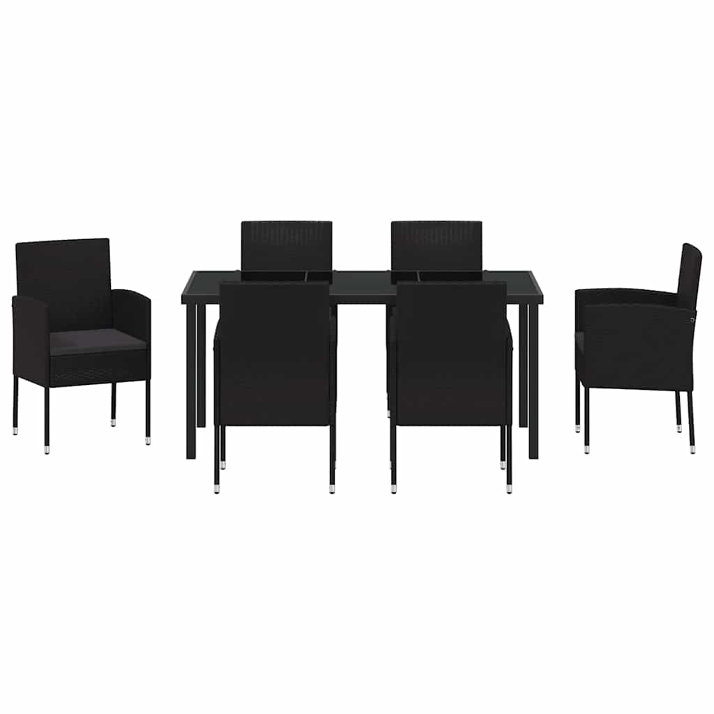 Tuin eettafelset met kussen 7 pcs Zwart poly rattan