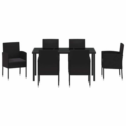 Tuin eettafelset met kussen 7 pcs Zwart poly rattan