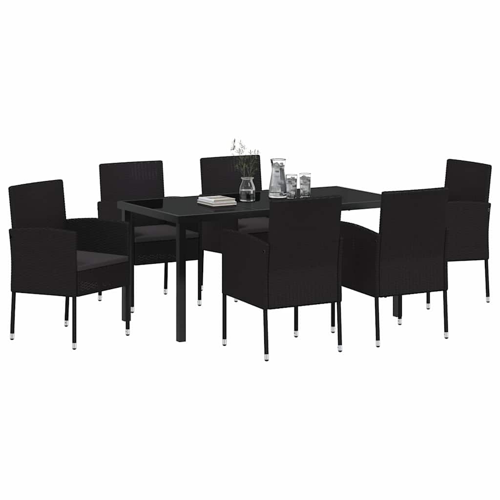 Tuin eettafelset met kussen 7 pcs Zwart poly rattan