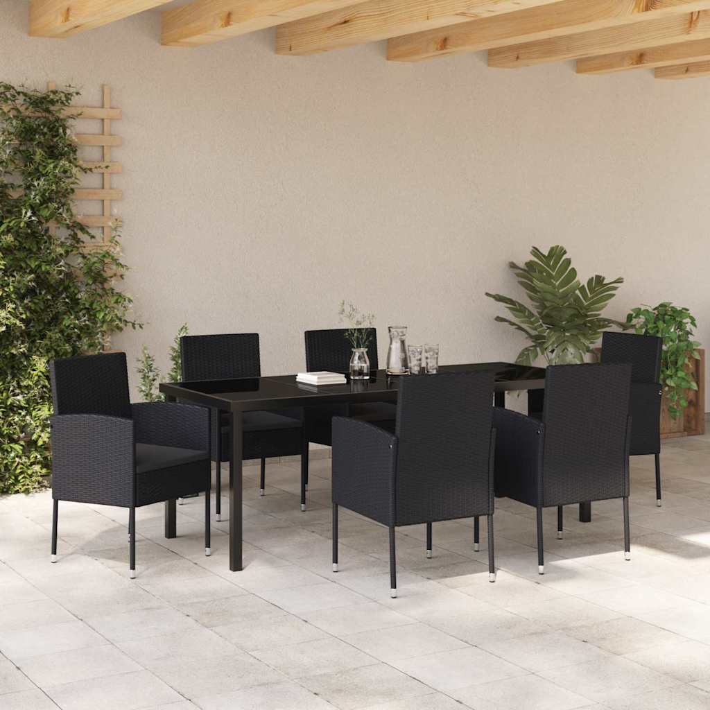 Tuin eettafelset met kussen 7 pcs Zwart poly rattan