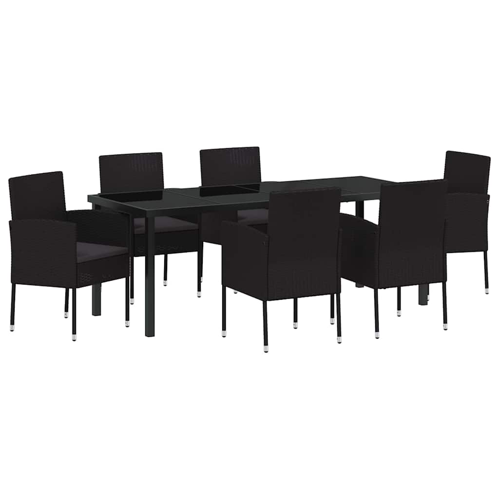 Tuin eettafelset met kussen 7 pcs Zwart poly rattan