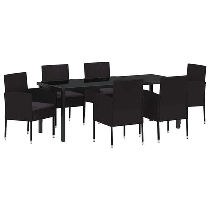 Tuin eettafelset met kussen 7 pcs Zwart poly rattan