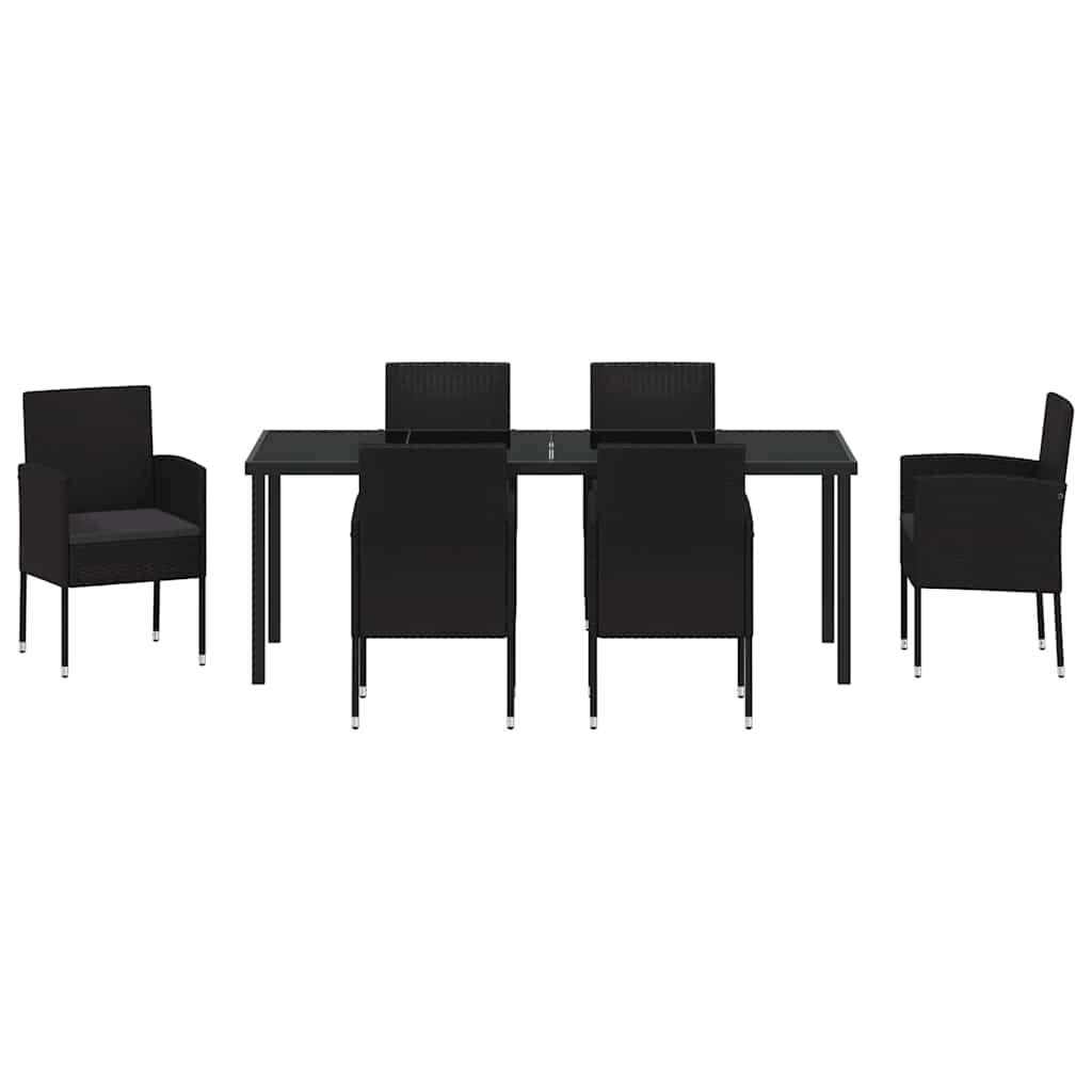 Tuin eettafelset met kussen 7 pcs Zwart poly rattan