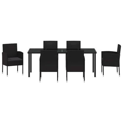 Tuin eettafelset met kussen 7 pcs Zwart poly rattan