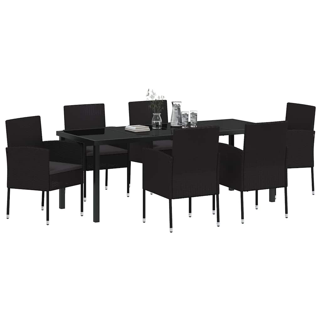 Tuin eettafelset met kussen 7 pcs Zwart poly rattan