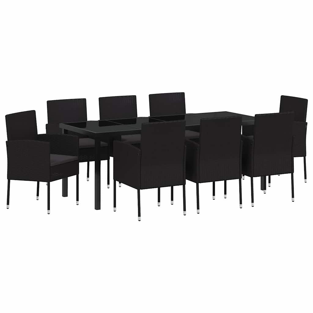 Tuin eettafelset met kussen 9 pcs Zwart poly rattan