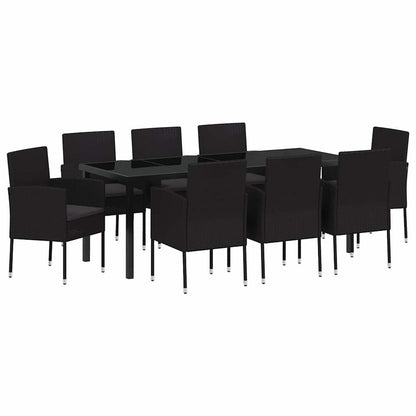 Tuin eettafelset met kussen 9 pcs Zwart poly rattan