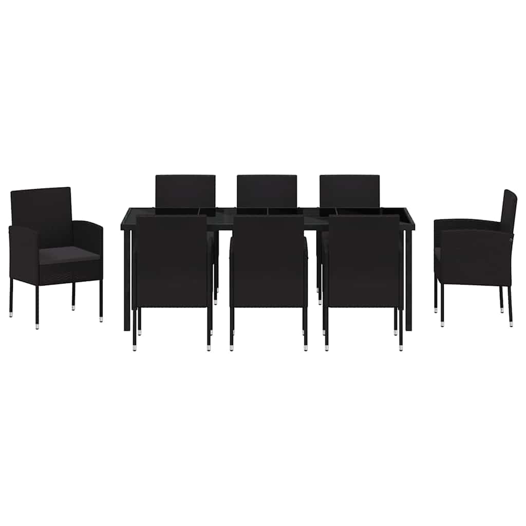 Tuin eettafelset met kussen 9 pcs Zwart poly rattan