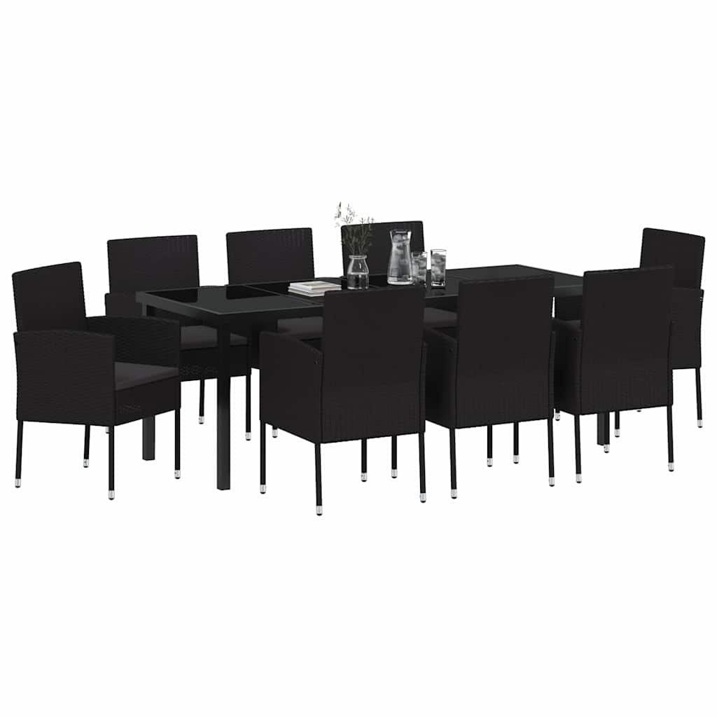 Tuin eettafelset met kussen 9 pcs Zwart poly rattan