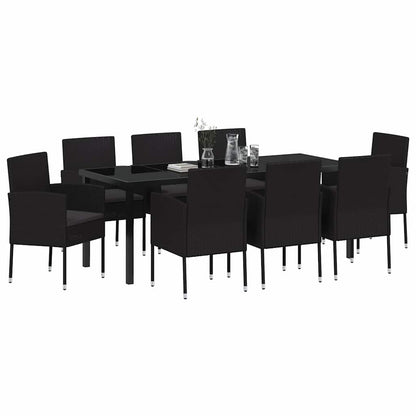 Tuin eettafelset met kussen 9 pcs Zwart poly rattan