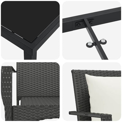 Tuin eettafelset met kussen 3 pcs Zwart poly rattan