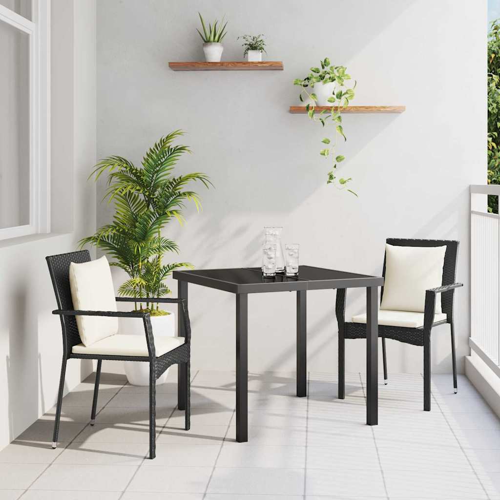 Tuin eettafelset met kussen 3 pcs Zwart poly rattan