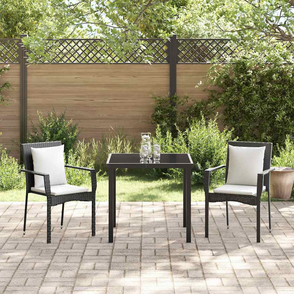 Tuin eettafelset met kussen 3 pcs Zwart poly rattan
