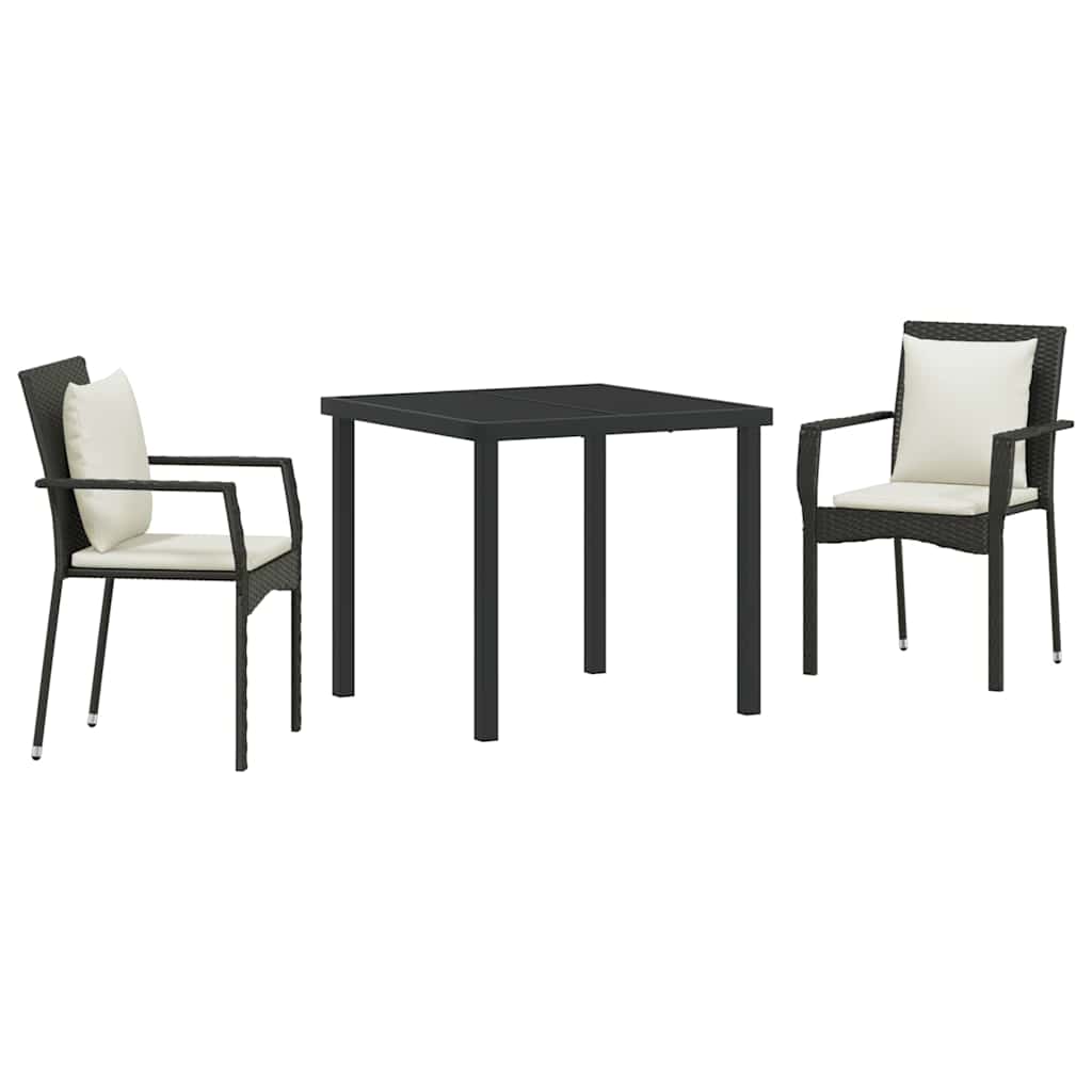 Tuin eettafelset met kussen 3 pcs Zwart poly rattan