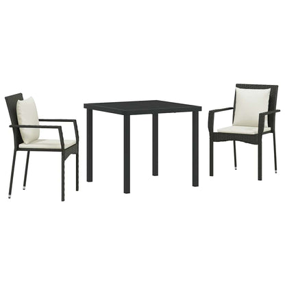 Tuin eettafelset met kussen 3 pcs Zwart poly rattan