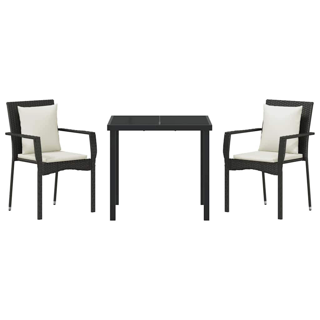 Tuin eettafelset met kussen 3 pcs Zwart poly rattan